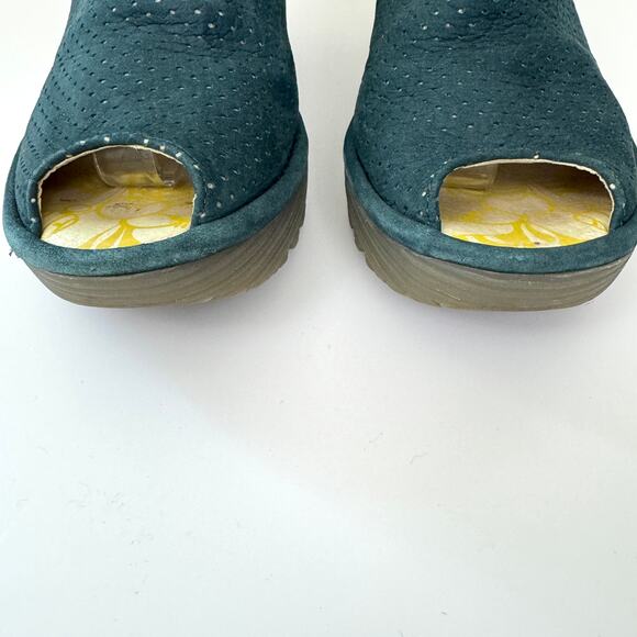 Fly London Womens Perforated Peep Toe Wedge Size 36 / 5.5-6 Suede Leather Blue - Picture 7 of 10